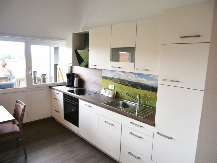 Moderne Küche mit weißen Schränken, eingebautem Herd und Landschaftsfoto als Rückwand.