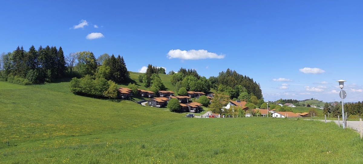 Landschaft mit Wiesen, Wald und rotgedeckten Häusern unter blauem Himmel.