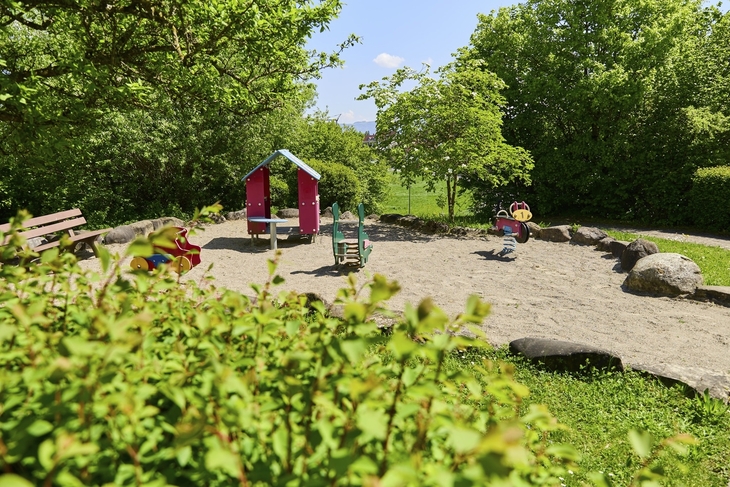 Kleiner Spielplatz mit Wiipptieren und Häuschen sowie einer Parkbank umgeben von Bäumen bei sonnigem Wetter in der Ferienanlage Lindau.