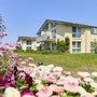 Zwei hellgelbe Appartementhäuser an der Obstwiese, der Ferienanlage Lindau, mit großem Balkon, auf einer Wiese mit rosa und lila blühenden Blumen im Vordergrund bei strahlend blauem Himmel.
