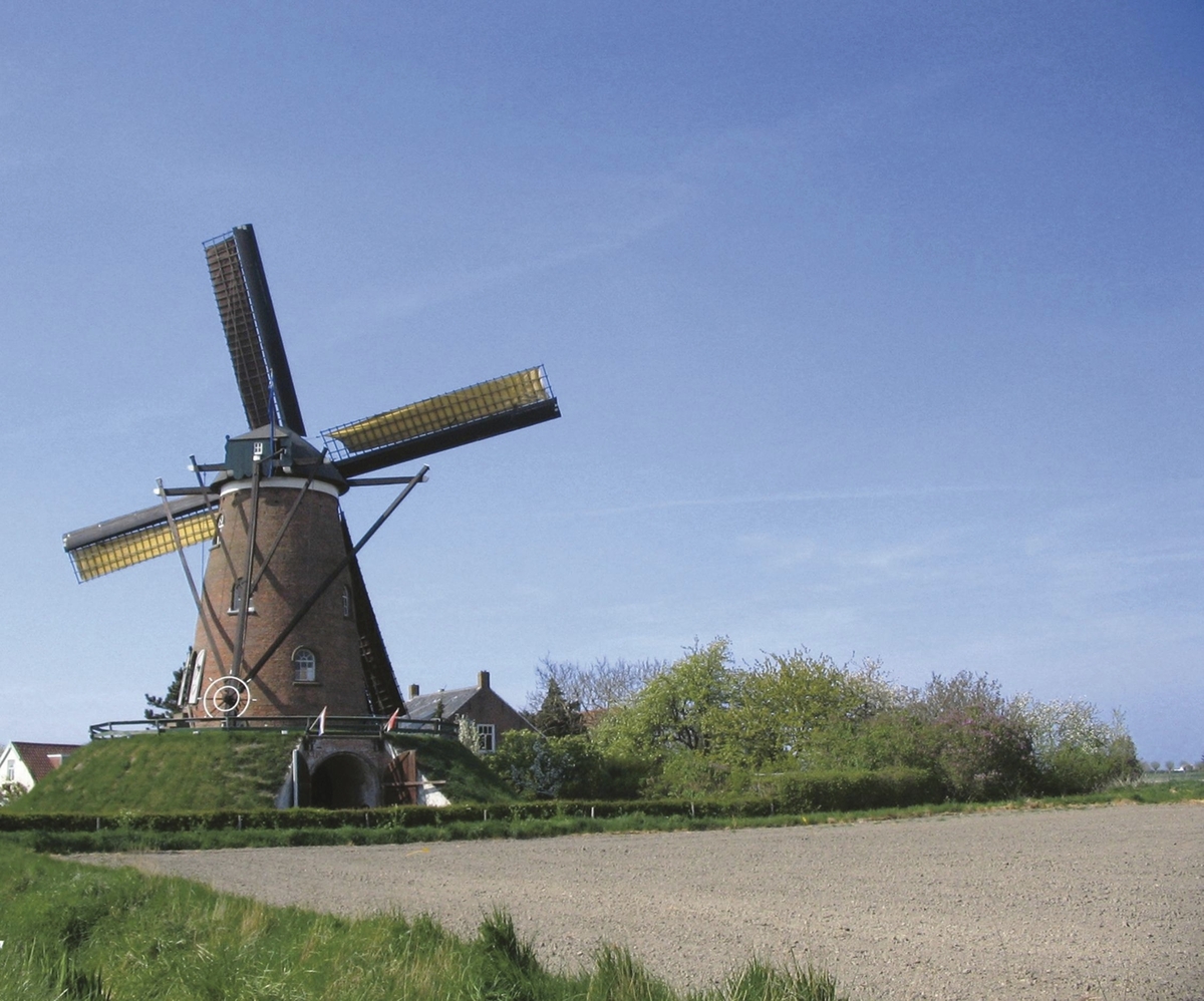 Windmühle in grüner Landschaft bei Cadzand-Bad.