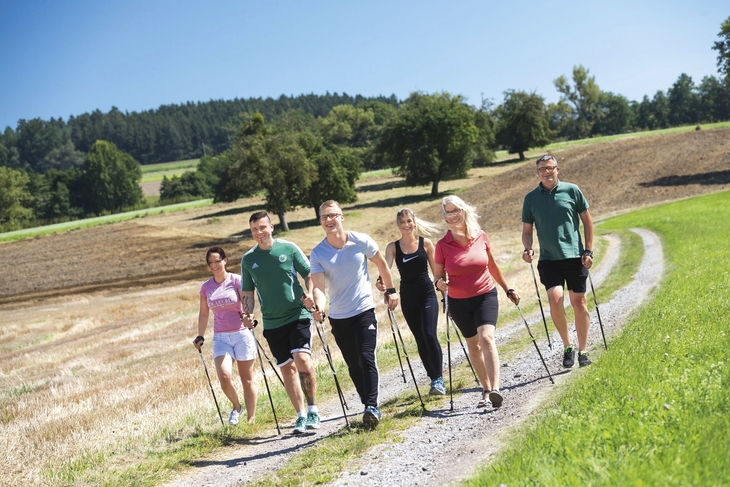 Gruppe beim Nordic Walking auf einem Feldweg in landschaftlicher Umgebung.