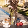 Frühstückstisch auf Terrasse mit Getränken und Gebäck, Blick auf Pool und Pflanzen.
