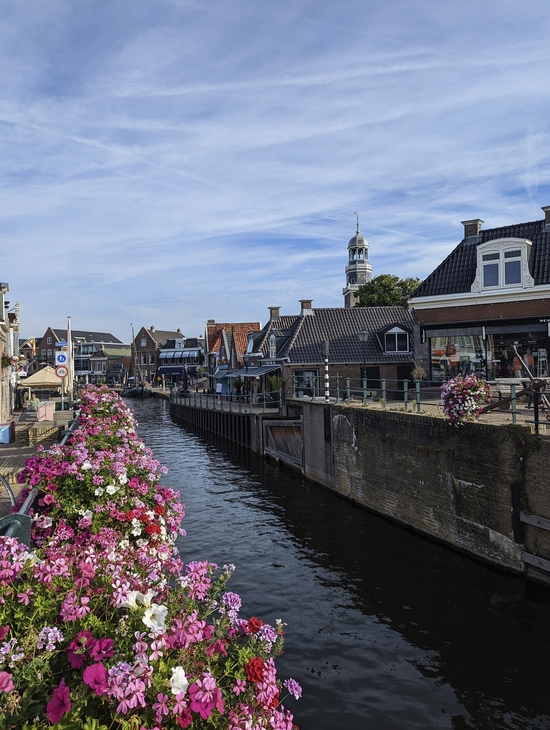 Blumen entlang eines Kanals in einer Stadt mit historischen Gebäuden und Kirchturm im Hintergrund.