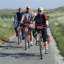 Gruppe von Erwachsenen fährt Fahrrad auf einem Weg durch eine grüne Landschaft.