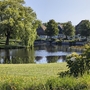 Grüne Landschaft mit Teich, Bäumen und Häusern am Ufer unter blauem Himmel.