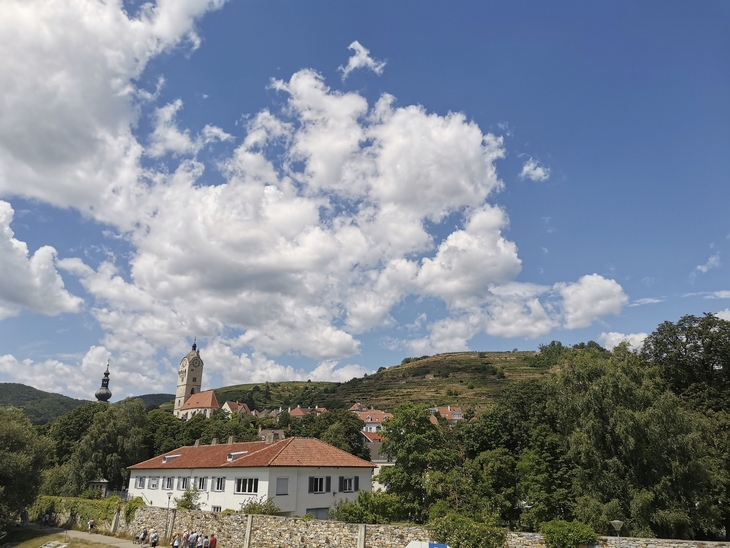 Stadtansicht von Krems mit Kirche und Hügel im Hintergrund.