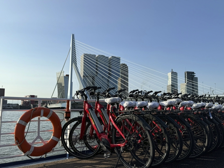 Mehrere rote Fahrräder vor einer Brücke in Rotterdam bei klarem Himmel.