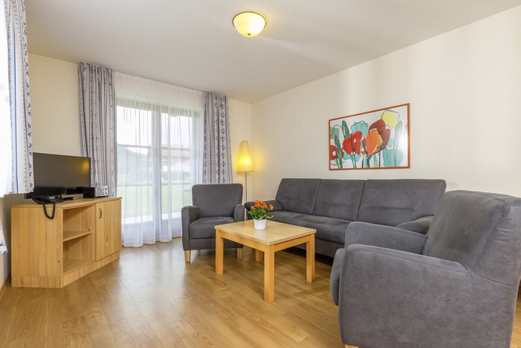 Wohnzimmer in der Ferienanlage Oberwössen, mit Holzfußboden, grauem Sofa und zwei Sesseln, einem kleinen Holztisch und einem Fernseher auf einem Sideboard, sowie einem bodentiefen Fenster mit blau-weißen Vorhängen.