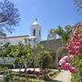 Garten, Blumen und Kirche unter blauem Himmel in Tavira, Algarve.