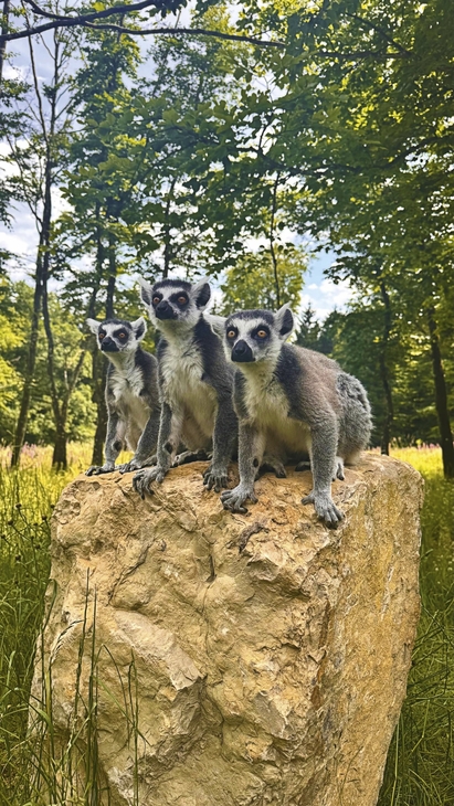 Drei Kattas auf einem Felsen im Wildpark Daun.