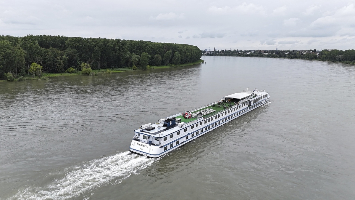Kreuzfahrtschiff MS Rigoletto fährt auf einem Fluss, umgeben von Bäumen.