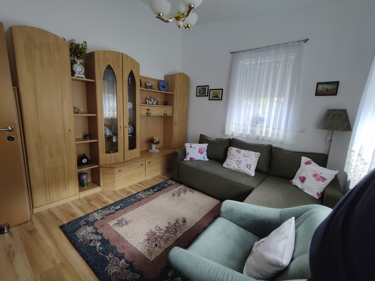 Wohnzimmer mit grüner Couch, Holzmöbeln und Teppich, weiße Wände und Lampe.