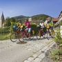 Gruppe von Radfahrern auf dem Donau-Radweg, Blumenwiese und Kirche im Hintergrund.