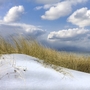 Schneebedeckte Dünen an der Ostsee unter bewölktem Himmel.