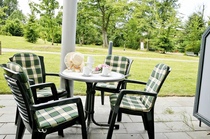 Gartenmöbel-Set auf Terrasse mit Rasen und Bäumen im Hintergrund.