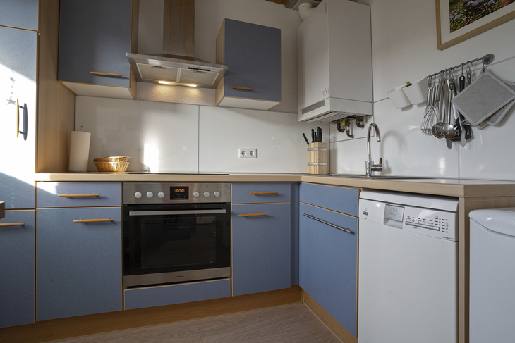 Moderne Küche mit blauen Schränken, Herd, Spüle und Geschirrspüler.