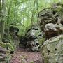 Felsformationen im Wald der Teufelsschlucht in der Eifel, umgeben von Bäumen und Moos.