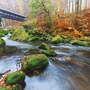 Fluss mit Steinen und Herbstbäumen nahe Irreler Wasserfälle in der Eifel.