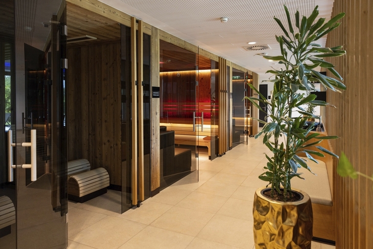 Hotel-Spa-Bereich mit Sauna und Pflanze.