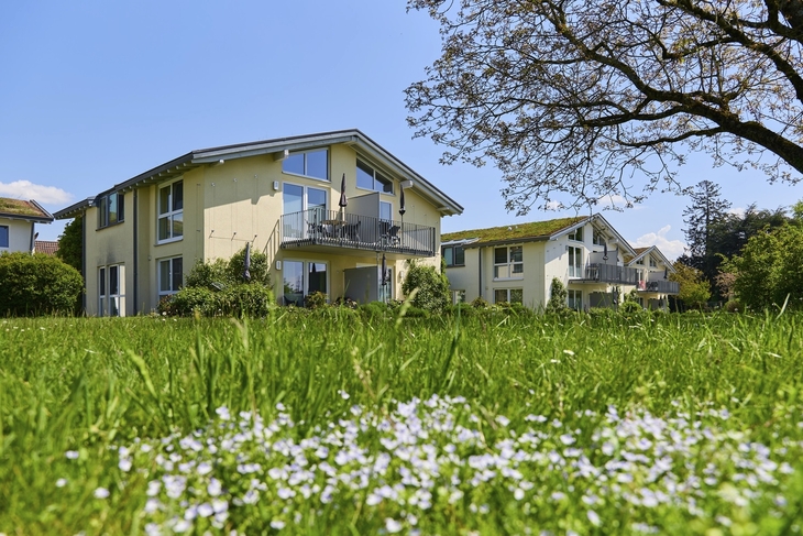 Zwei hellgelbe Appartementhäuser an der Obstwiese, der Ferienanlage Lindau, auf einer grünen und blühenden Wiese und einem Baum, im Vordergrund.