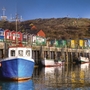 Hummerbuden in Helgoland mit bunten Fassaden am Hafen.