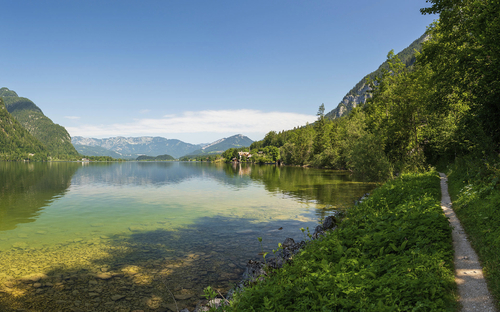 Blick auf den Hallstätter See mit Bergen und grünem Uferweg im Sommer.