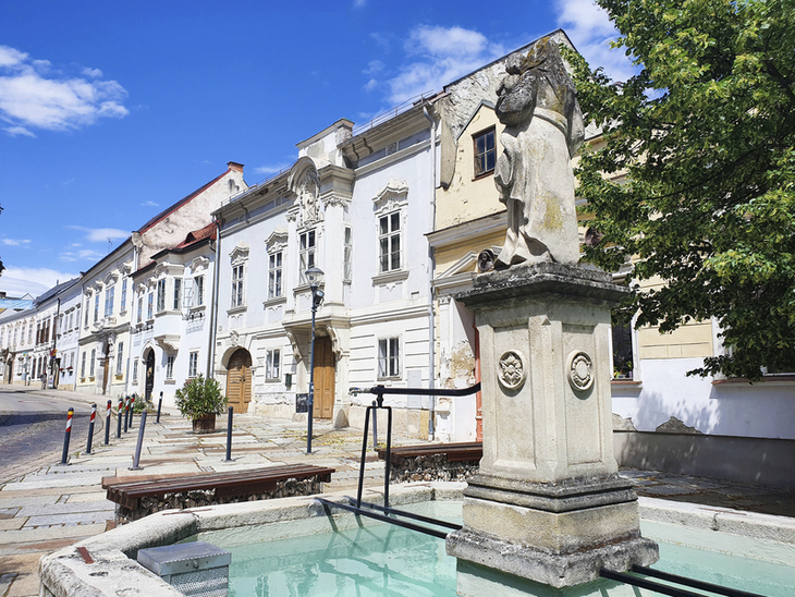 Häuserzeile in Eisenstadt mit historischem Brunnen und blauem Himmel.
