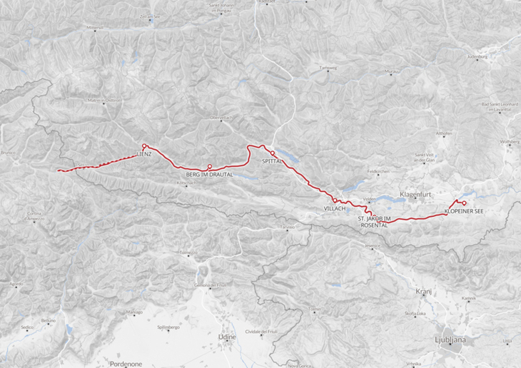 Karte des Drau-Radwegs von Lienz zum Klopeiner See mit rot markierter Route.