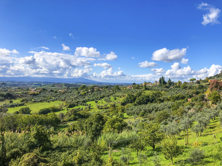 Panoramablick auf grüne Landschaft in Umbrien mit Hügeln und blauem Himmel.