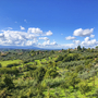 Panoramablick auf grüne Landschaft in Umbrien mit Hügeln und blauem Himmel.