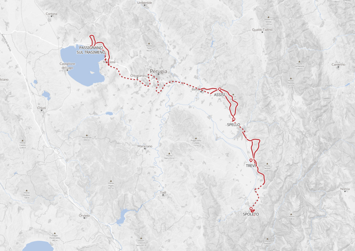 Karte der Wanderroute in Umbrien, Italien, mit markierten Wegen und Orten.
