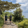 Zwei Wanderer auf einem Pfad in einer grünen Landschaft mit Blick auf das Meer.