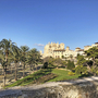 Blick auf Kathedrale von Palma mit Palmen und blauem Himmel.
