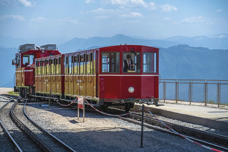 Rote und gelbe Schafbergbahn auf Berggleisen mit Berglandschaft im Hintergrund.