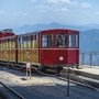 Rote und gelbe Schafbergbahn auf Berggleisen mit Berglandschaft im Hintergrund.