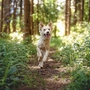 Ein Hund läuft auf einem Waldweg zwischen Bäumen.
