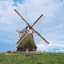 Ostfriesische Windmühle vor blauem Himmel und grüner Wiese.