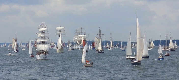 Mehrere Segelboote fahren auf einem offenen Meer.