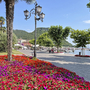 Promenade am Gardasee mit Blumenbeet, Palmen und Straßenlampen im Sommerwetter.
