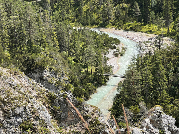Waldlandschaft mit Fluss und kleiner Brücke in den Alpen.