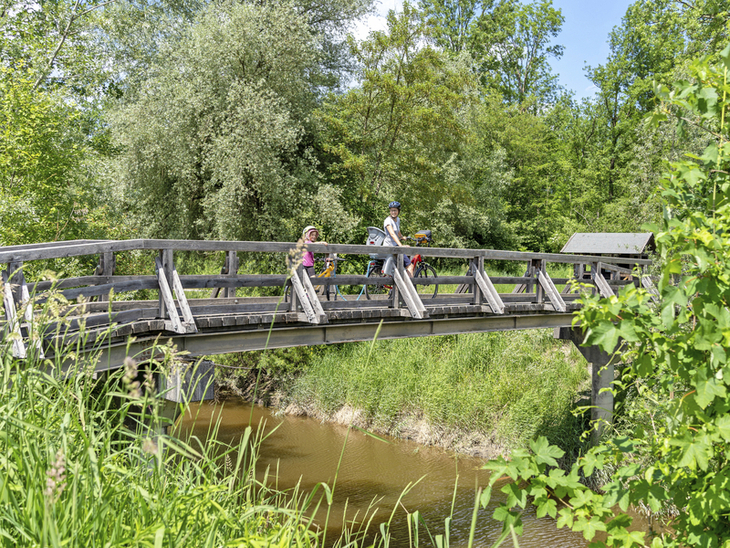 Familie mit Fahrrädern auf hölzerner Brücke über einem Bach in der Natur.