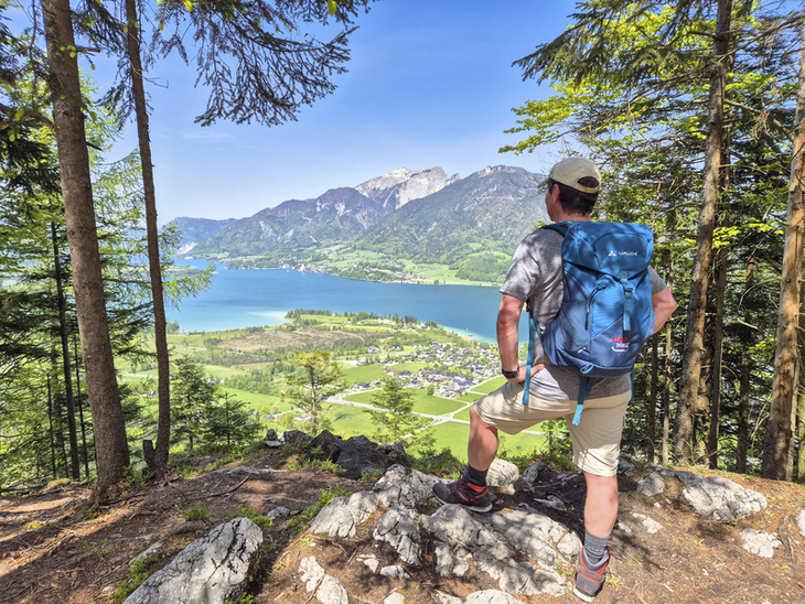 Wanderer mit Rucksack blickt auf See und Berge im Salzkammergut.