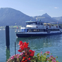 Schiff auf dem Wolfgangsee mit Bergen im Hintergrund und Blumen im Vordergrund.