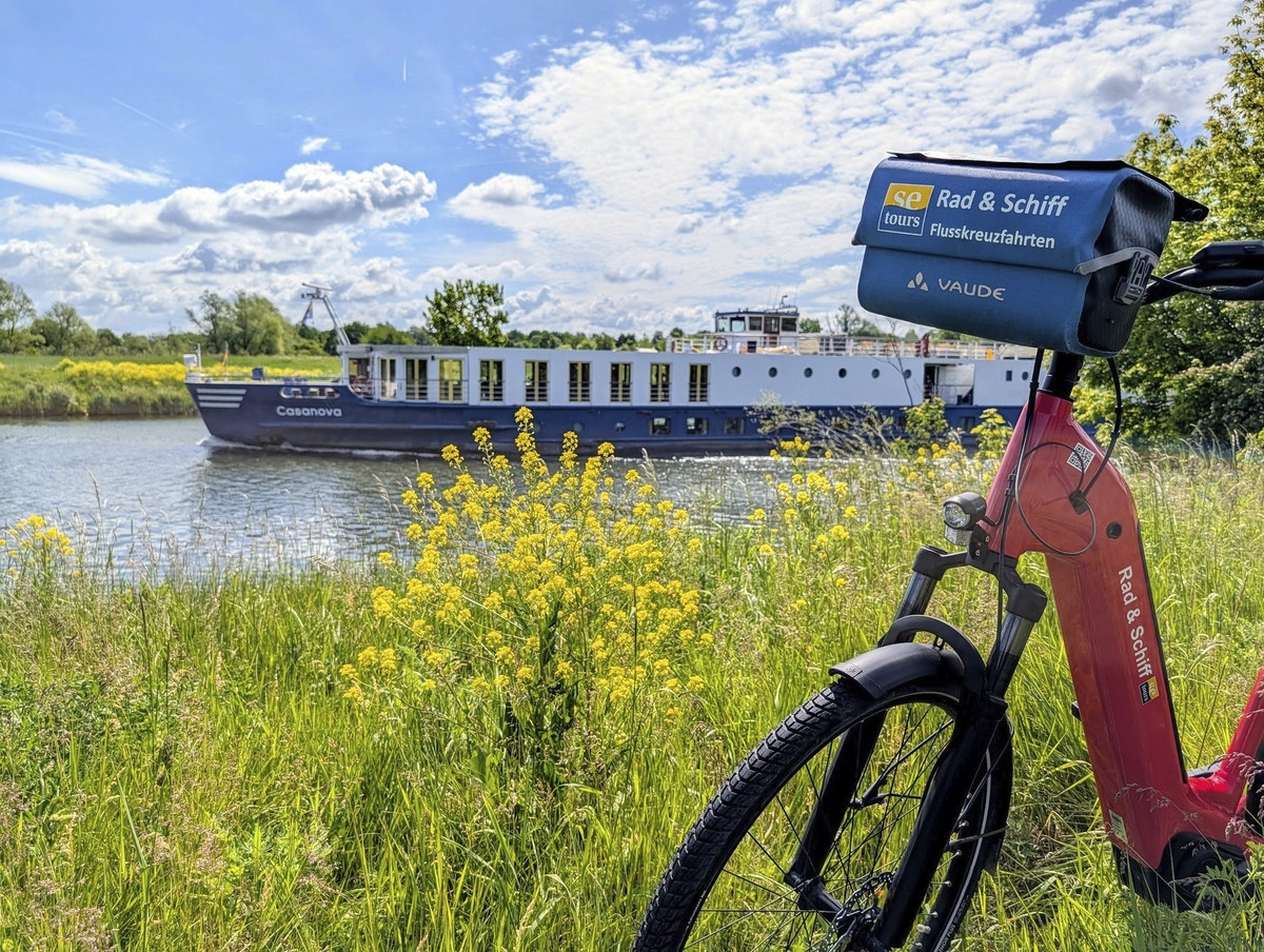 Fahrrad auf Wiese vor Fluss mit Kreuzfahrtschiff im Hintergrund.