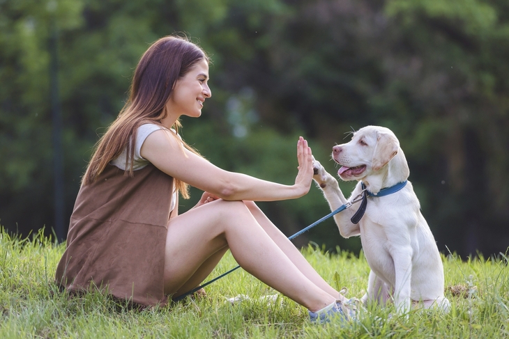 Eine Fau sitzt mit ihrem Hund im Park auf der Wiese